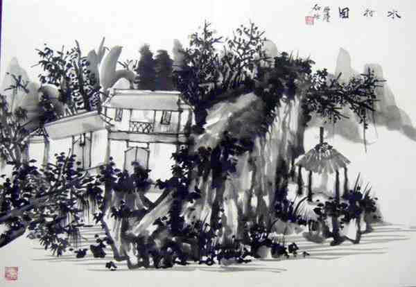 画家何加林手绘凉亭水墨画图片