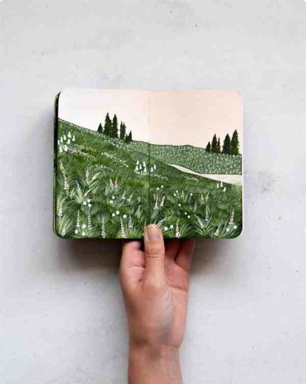 手账本上的清新风景速写插画分享