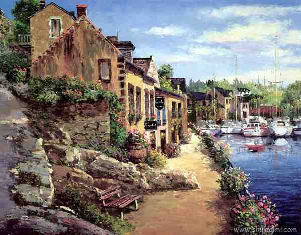 欧洲小镇风景油画图片