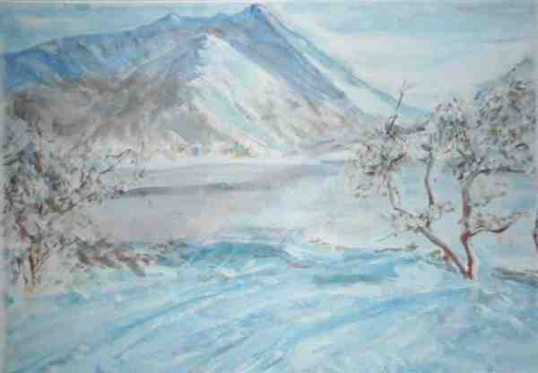 小乡村美丽的雪山风景手绘插画图片