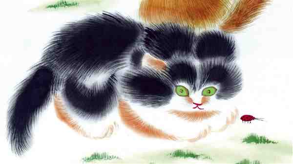 梅花树下可爱的猫咪手绘国画图片