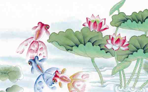 水中畅游的金鱼、鲤鱼写意水墨画图片