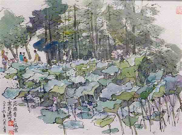 美术家用钢笔手绘水彩风景图片