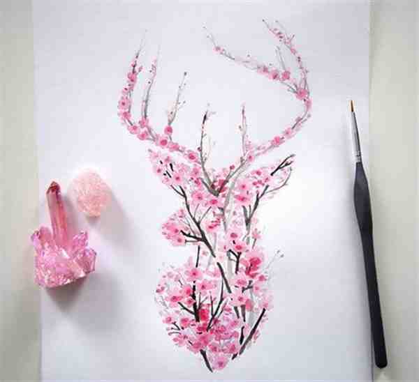 手绘樱花主题动物水彩插画图片