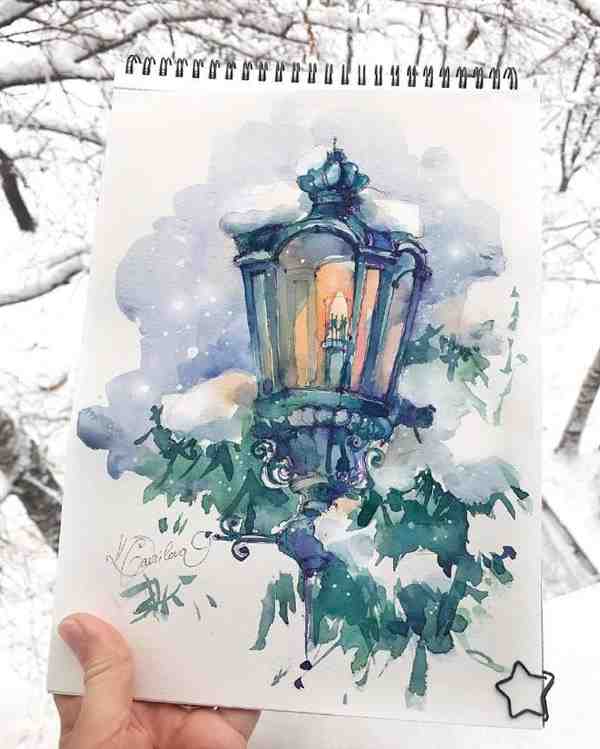 ins画师xtina_gavrilova_art复古路灯水彩插画作品