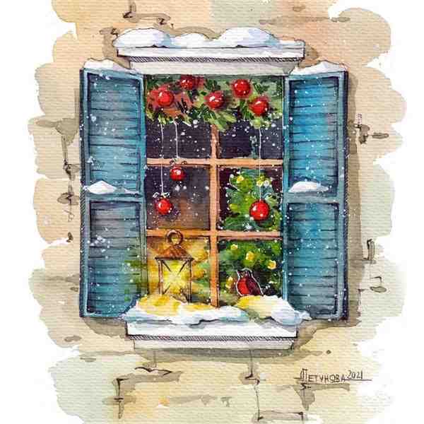 艺术家Anna Petunova窗台四季的风景唯美插画图片