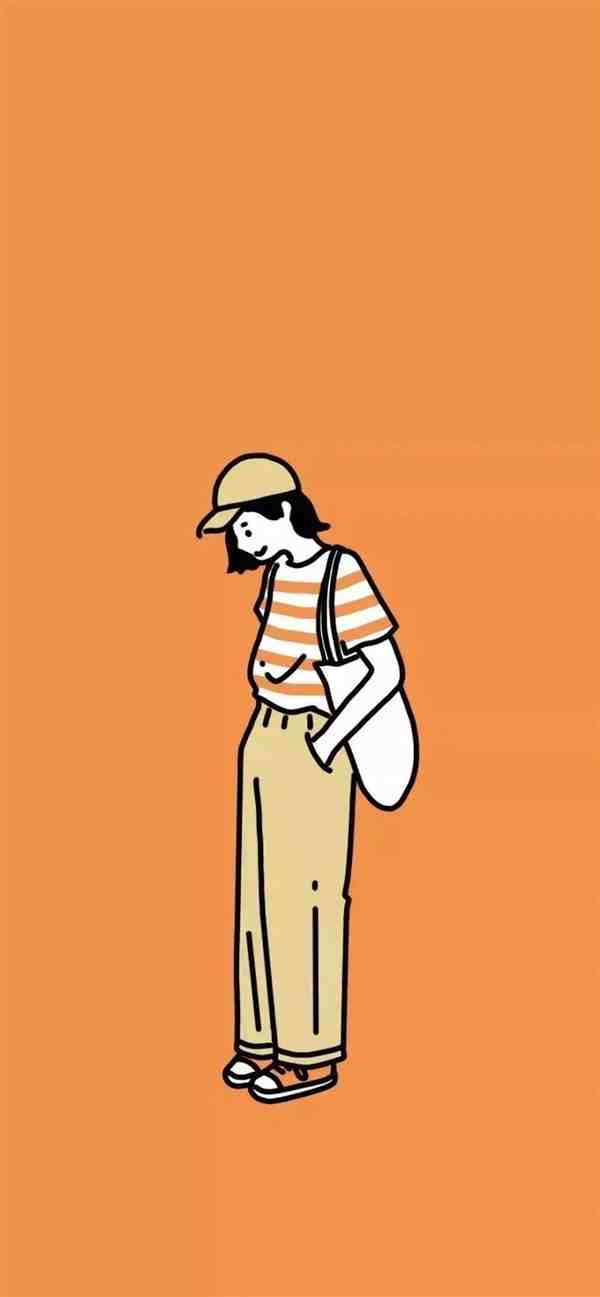 橘色手绘可爱美少女插画手机壁纸图片