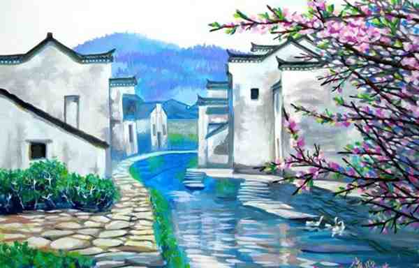 水粉风景画 -小桥流水人家