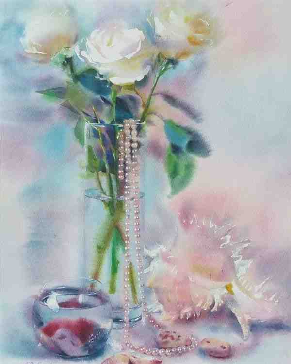 俄罗斯画师luybov_titova通透玻璃质感的花束清新水彩画作品